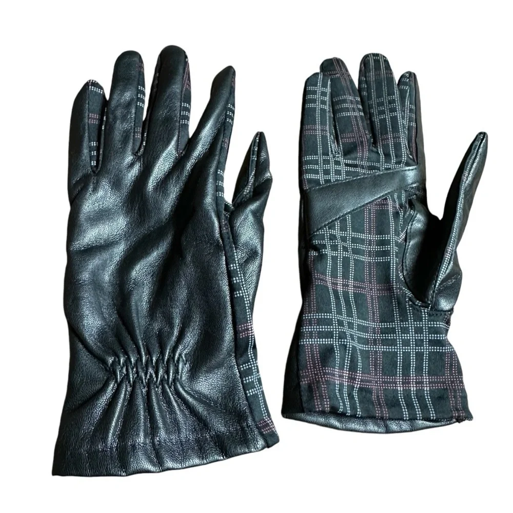 Women's Black Faux Leather and Plaid Stretch Gloves, L/XL